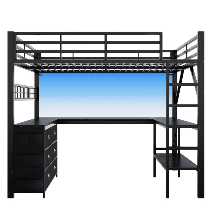 Letto a soppalco 140x200 con scrivania a U; cassetti e LED; struttura in metallo e MDF nero per camera ragazzi