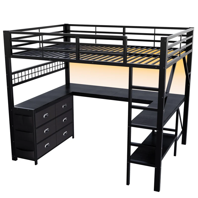 Letto a soppalco 140x200 con scrivania a U; cassetti e LED; struttura in metallo e MDF nero per camera ragazzi