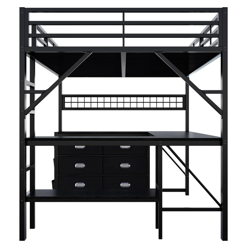 Letto a soppalco 140x200 con scrivania a U; cassetti e LED; struttura in metallo e MDF nero per camera ragazzi