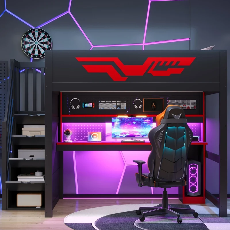 Letto a soppalco gaming 140 x 200 cm con scrivania integrata; LED e USB; MDF e compensato nero e rosso