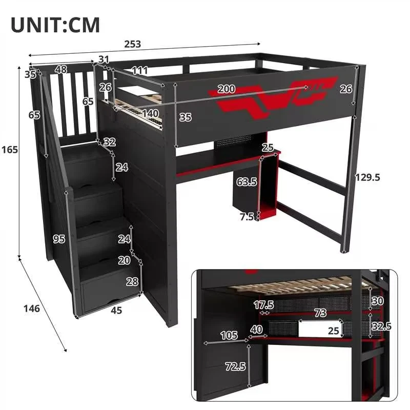 Letto a soppalco gaming 140 x 200 cm con scrivania integrata; LED e USB; MDF e compensato nero e rosso