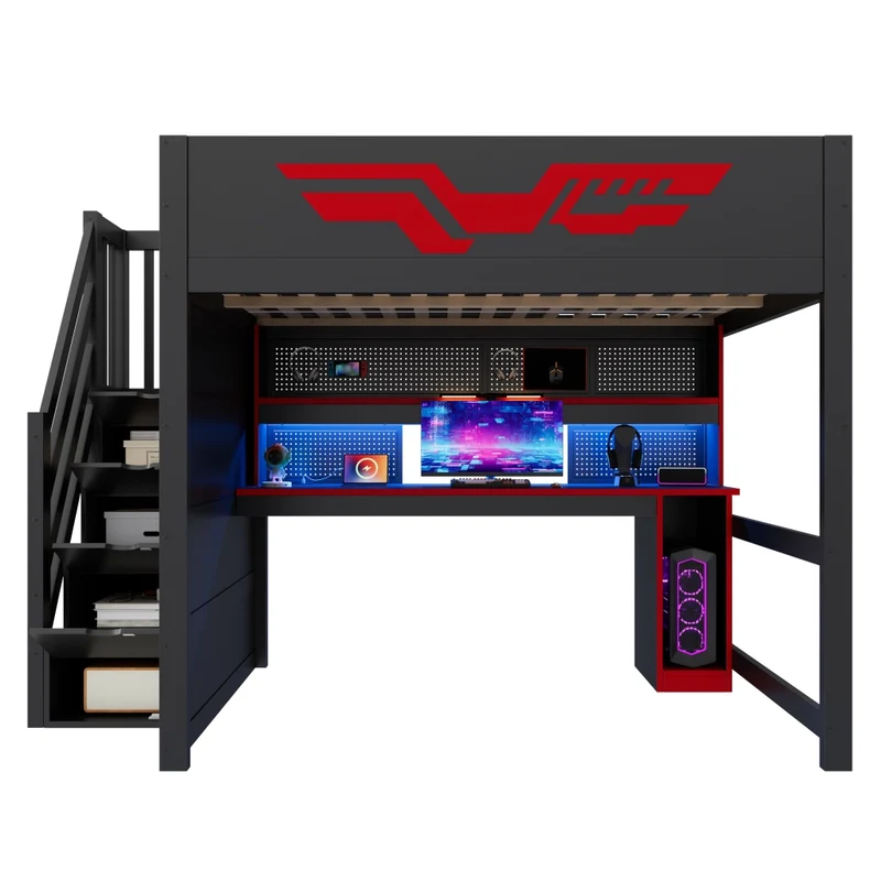 Letto a soppalco gaming 140 x 200 cm con scrivania integrata; LED e USB; MDF e compensato nero e rosso