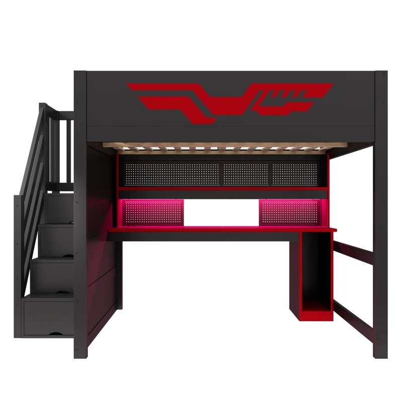 Letto a soppalco gaming 140 x 200 cm con scrivania integrata; LED e USB; MDF e compensato nero e rosso