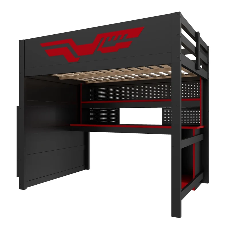 Letto a soppalco gaming 140 x 200 cm con scrivania integrata; LED e USB; MDF e compensato nero e rosso