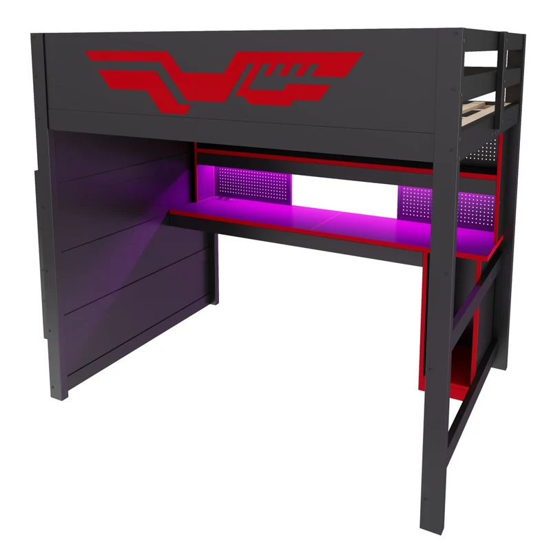 Letto a soppalco gaming 140 x 200 cm con scrivania integrata; LED e USB; MDF e compensato nero e rosso