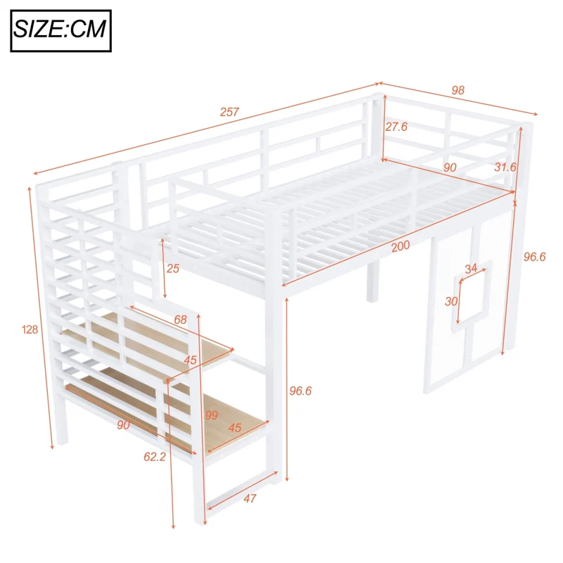 Letto a soppalco in metallo 90x200 cm bianco con scala contenitore; LED e finestre