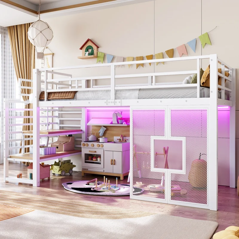 Letto a soppalco in metallo 90x200 cm bianco con scala contenitore; LED e finestre