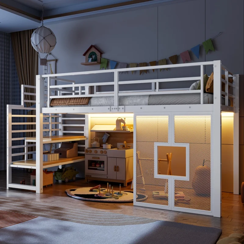 Letto a soppalco in metallo 90x200 cm bianco con scala contenitore; LED e finestre