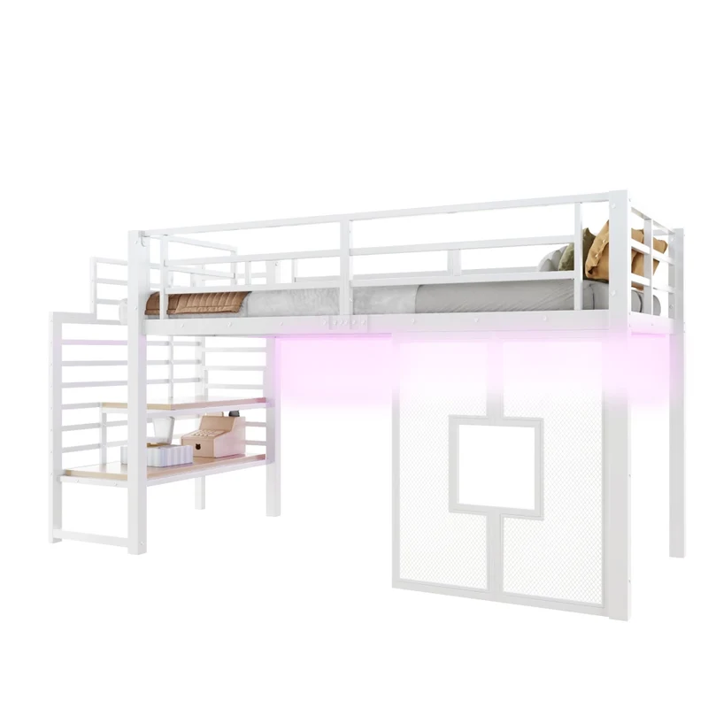 Letto a soppalco in metallo 90x200 cm bianco con scala contenitore; LED e finestre