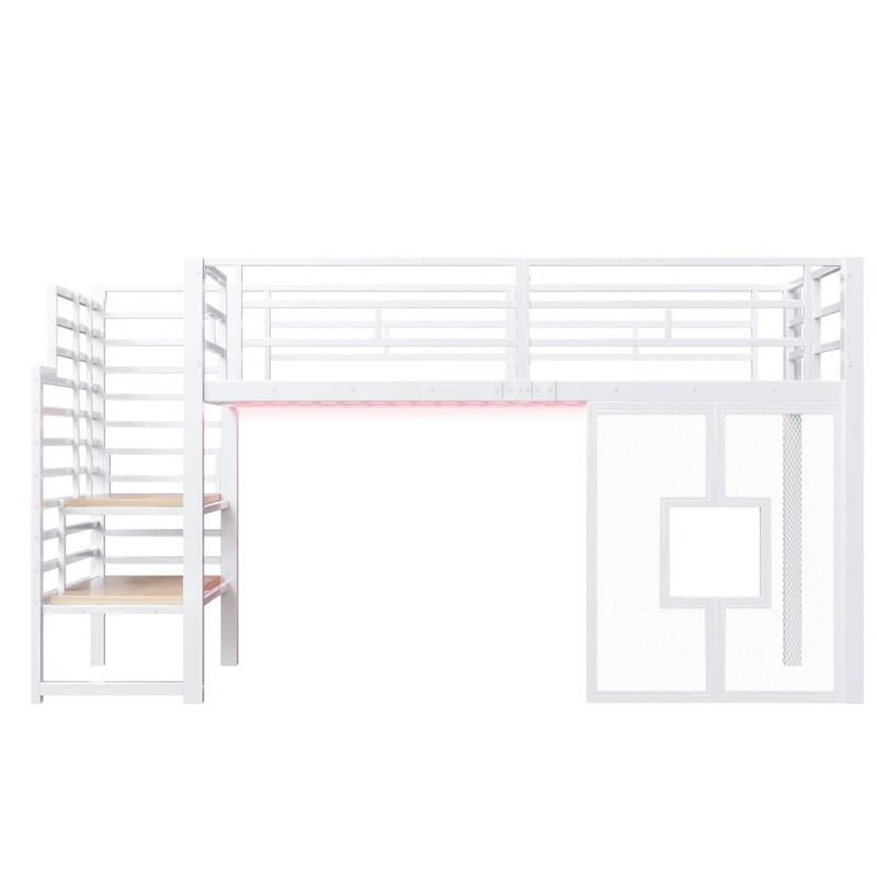 Letto a soppalco in metallo 90x200 cm bianco con scala contenitore; LED e finestre