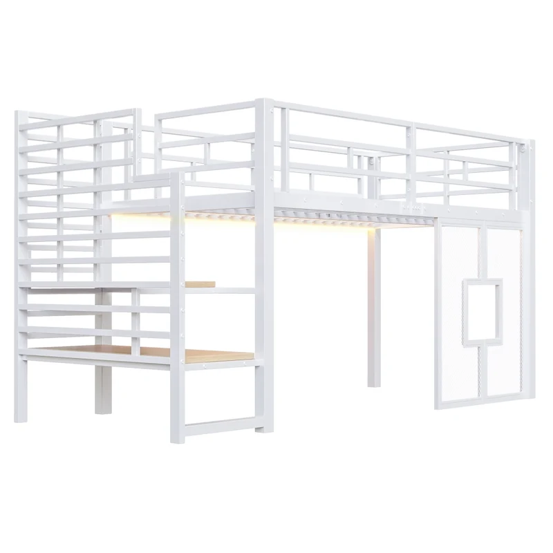 Letto a soppalco in metallo 90x200 cm bianco con scala contenitore; LED e finestre