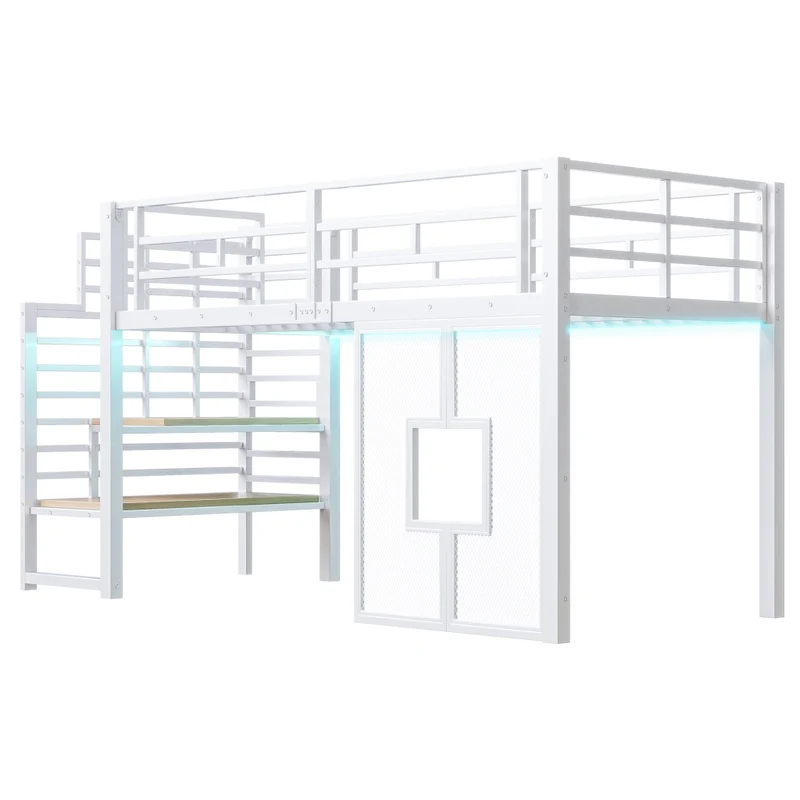 Letto a soppalco in metallo 90x200 cm bianco con scala contenitore; LED e finestre