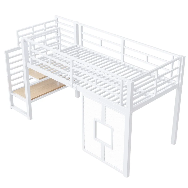 Letto a soppalco in metallo 90x200 cm bianco con scala contenitore; LED e finestre