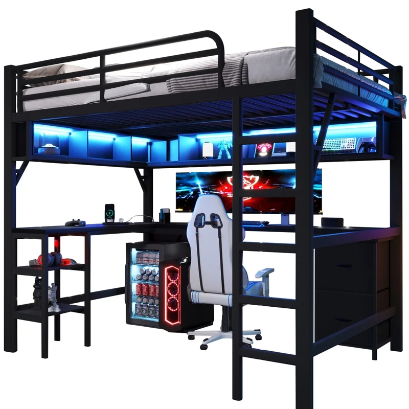 Letto a soppalco 140x200 con scrivania; libreria; armadio; LED e USB in metallo nero
