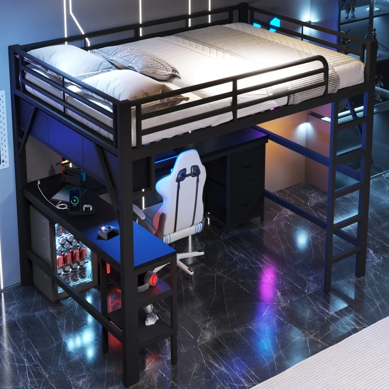 Letto a soppalco 140x200 con scrivania; libreria; armadio; LED e USB in metallo nero