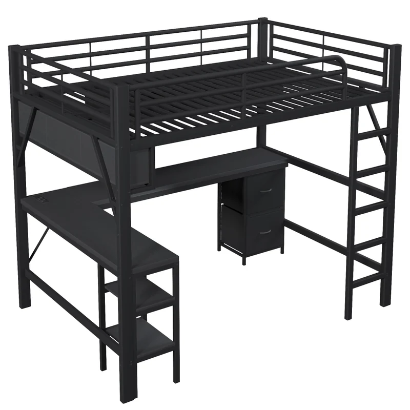 Letto a soppalco 140x200 con scrivania; libreria; armadio; LED e USB in metallo nero