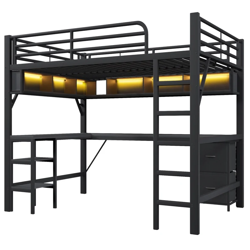 Letto a soppalco 140x200 con scrivania; libreria; armadio; LED e USB in metallo nero