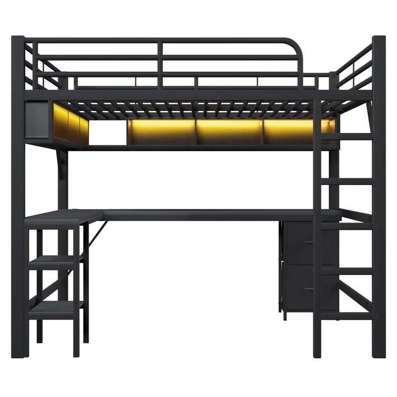 Letto a soppalco 140x200 con scrivania; libreria; armadio; LED e USB in metallo nero