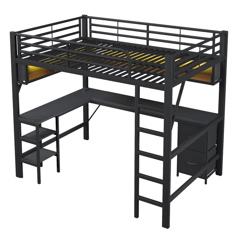 Letto a soppalco 140x200 con scrivania; libreria; armadio; LED e USB in metallo nero