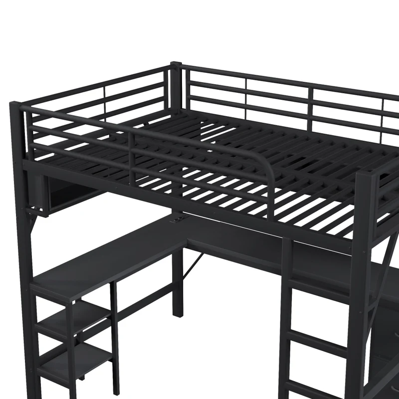 Letto a soppalco 140x200 con scrivania; libreria; armadio; LED e USB in metallo nero