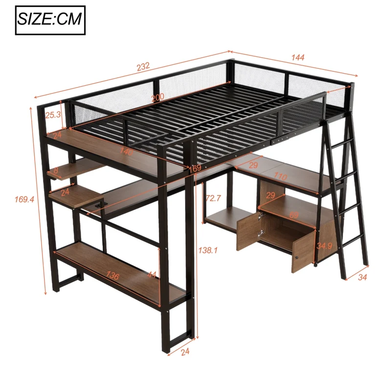 Letto a soppalco 140x200 con scrivania; LED; scaffali e struttura in metallo nero