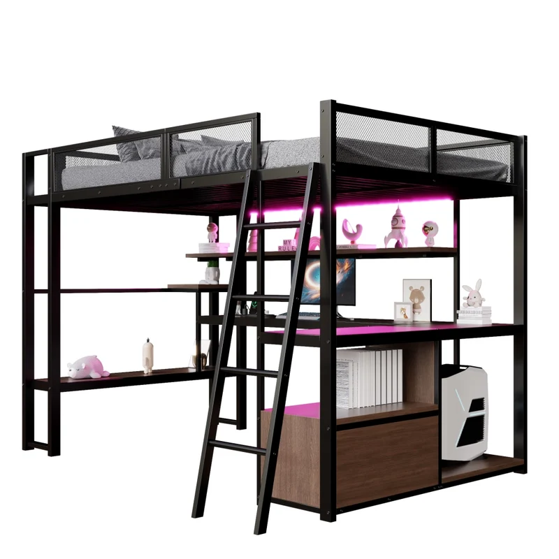 Letto a soppalco 140x200 con scrivania; LED; scaffali e struttura in metallo nero
