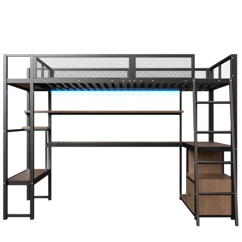 Letto a soppalco 140x200 con scrivania; LED; scaffali e struttura in metallo nero