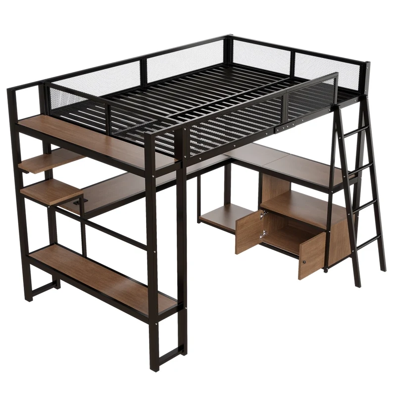 Letto a soppalco 140x200 con scrivania; LED; scaffali e struttura in metallo nero