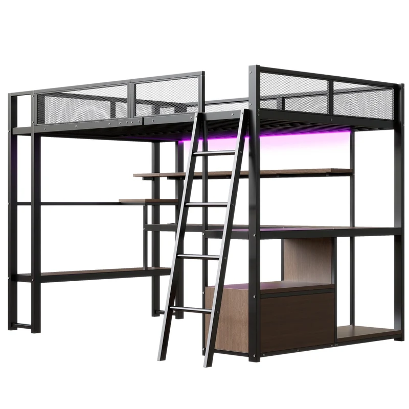 Letto a soppalco 140x200 con scrivania; LED; scaffali e struttura in metallo nero