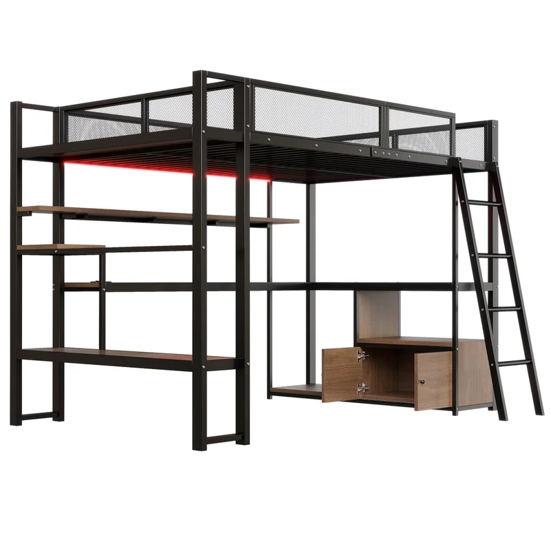 Letto a soppalco 140x200 con scrivania; LED; scaffali e struttura in metallo nero