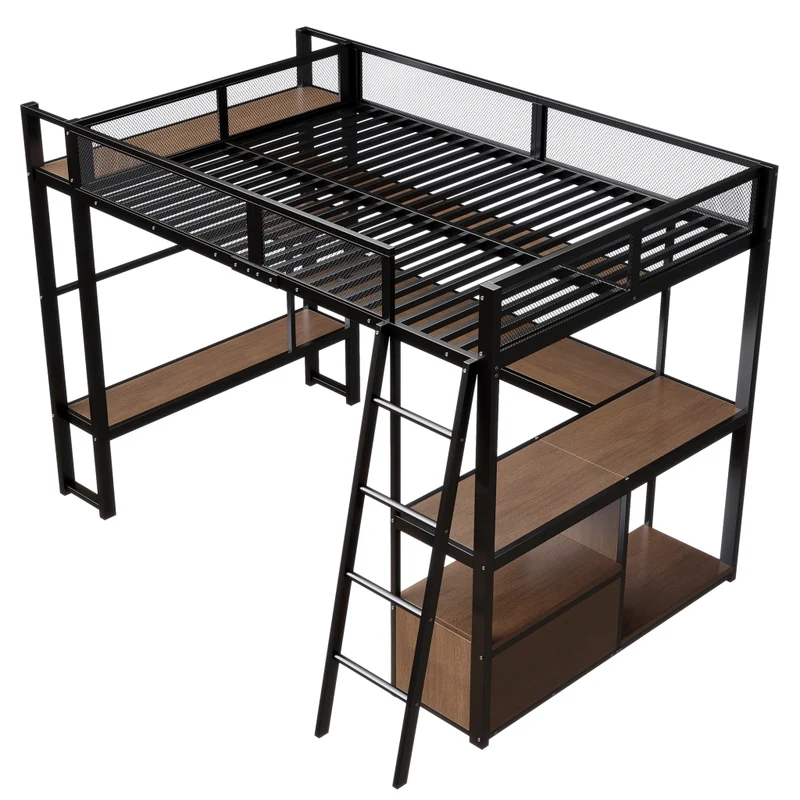 Letto a soppalco 140x200 con scrivania; LED; scaffali e struttura in metallo nero