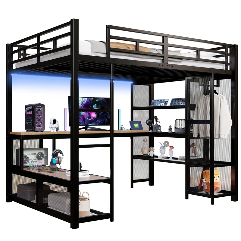 Letto a soppalco 140x200 in metallo nero con scrivania integrata; LED e guardaroba aperto