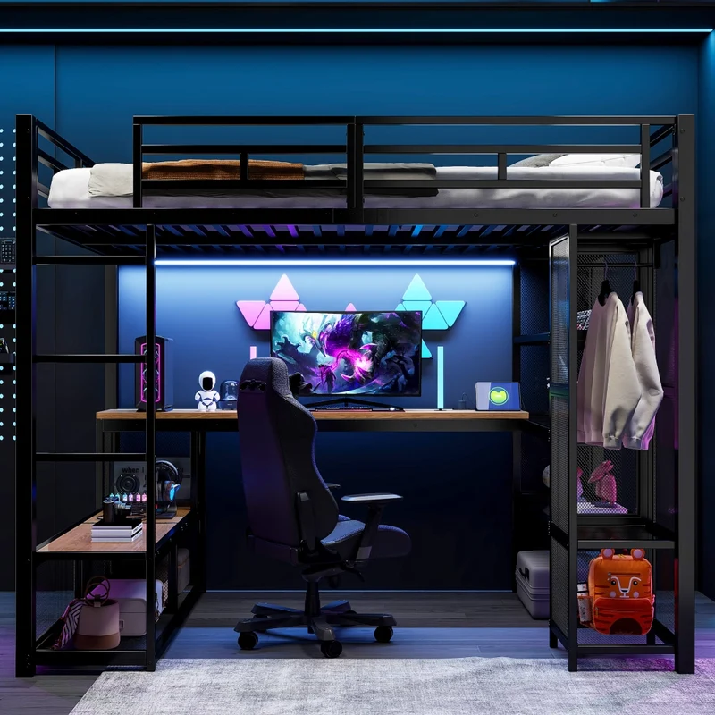 Letto a soppalco 140x200 in metallo nero con scrivania integrata; LED e guardaroba aperto