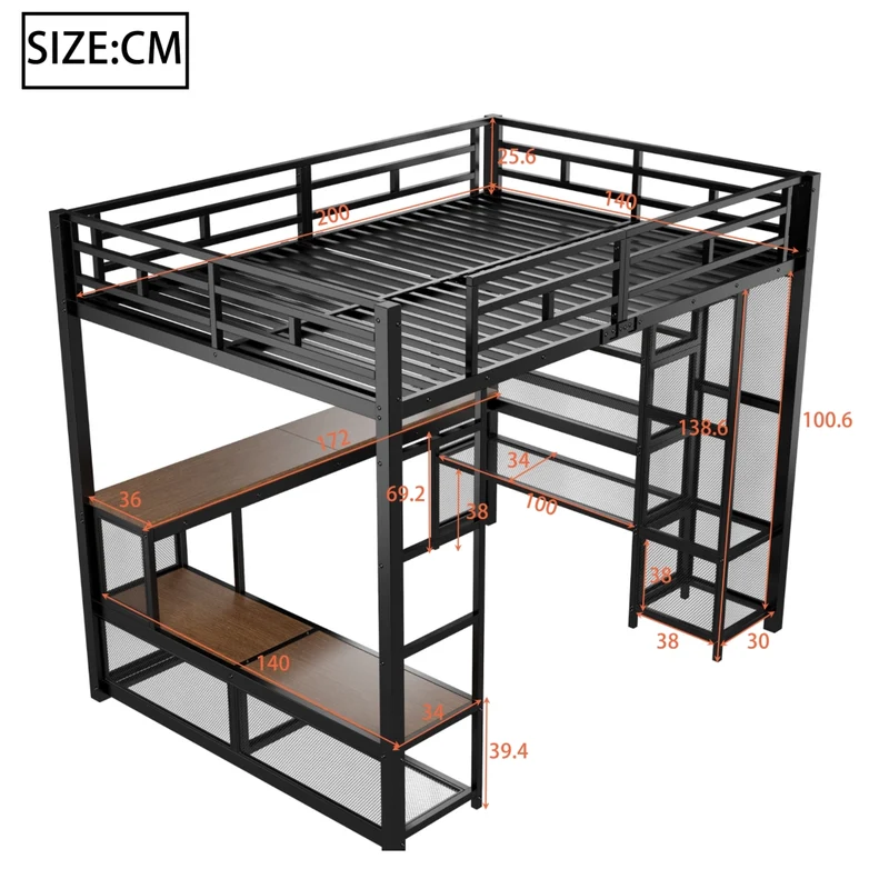 Letto a soppalco 140x200 in metallo nero con scrivania integrata; LED e guardaroba aperto