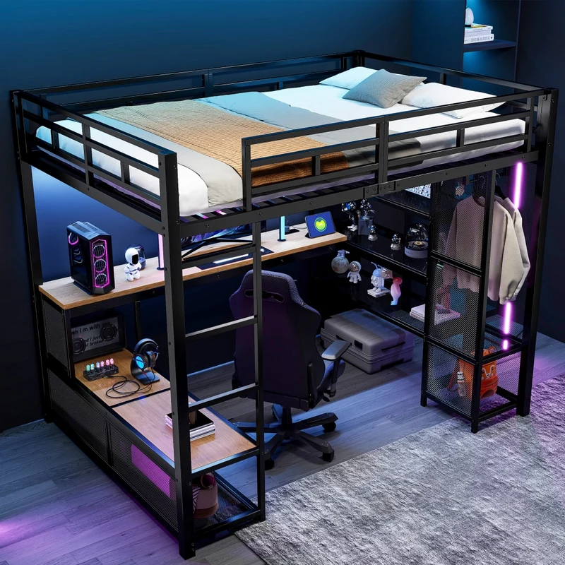 Letto a soppalco 140x200 in metallo nero con scrivania integrata; LED e guardaroba aperto