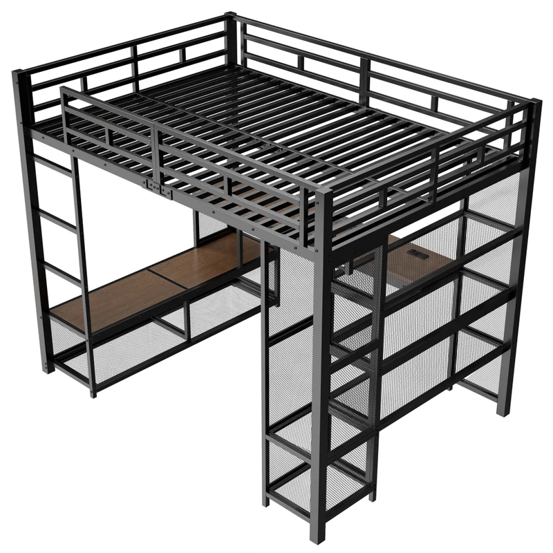 Letto a soppalco 140x200 in metallo nero con scrivania integrata; LED e guardaroba aperto