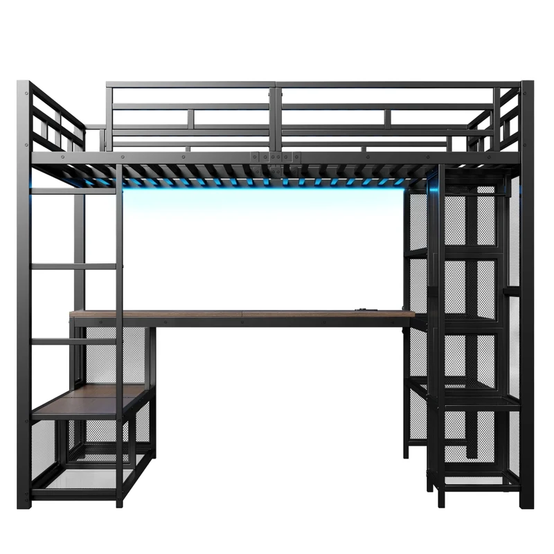 Letto a soppalco 140x200 in metallo nero con scrivania integrata; LED e guardaroba aperto