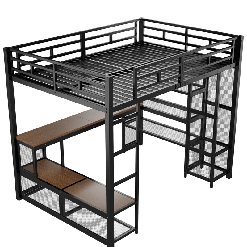Letto a soppalco 140x200 in metallo nero con scrivania integrata; LED e guardaroba aperto