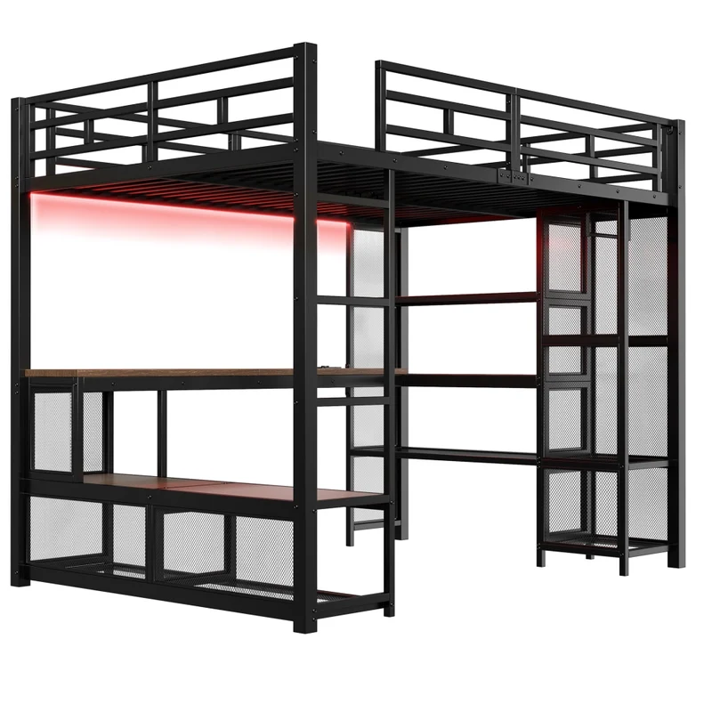 Letto a soppalco 140x200 in metallo nero con scrivania integrata; LED e guardaroba aperto
