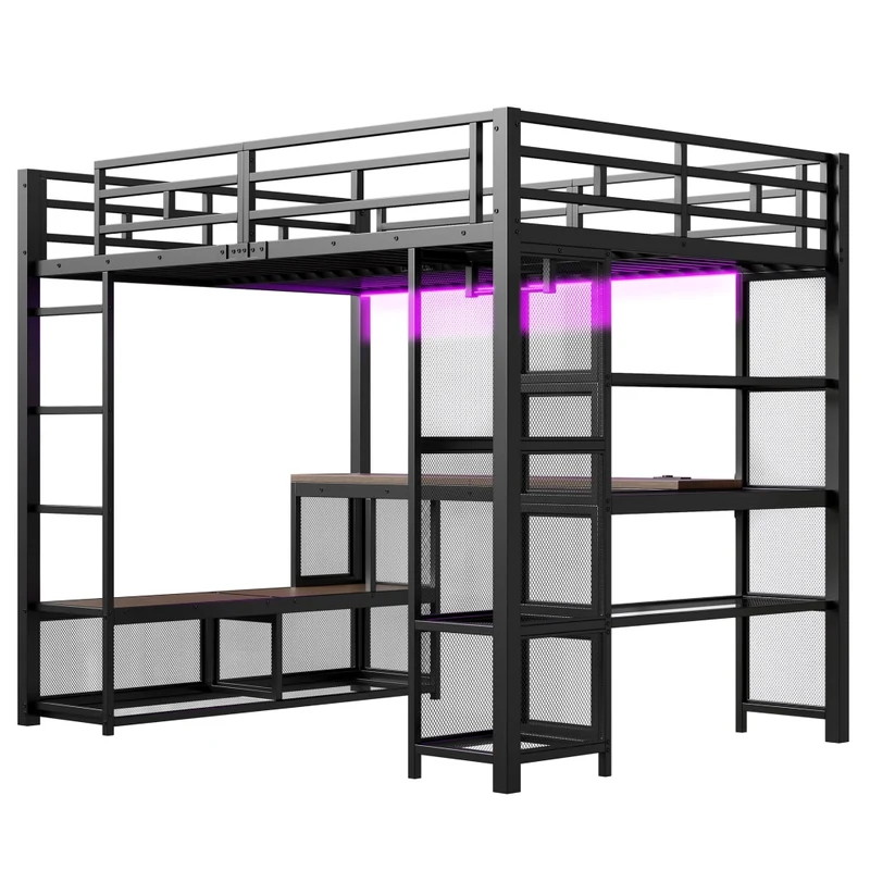 Letto a soppalco 140x200 in metallo nero con scrivania integrata; LED e guardaroba aperto