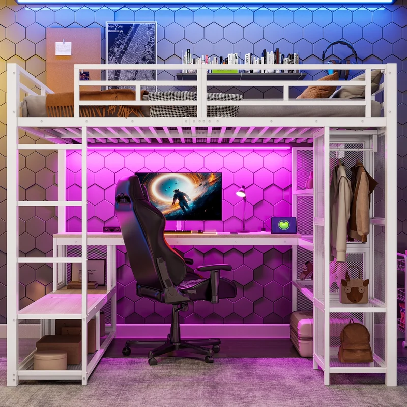 Letto a soppalco 140x200 in metallo con scrivania; armadio aperto; LED e USB; bianco