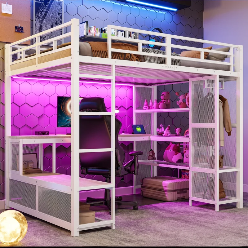 Letto a soppalco 140x200 in metallo con scrivania; armadio aperto; LED e USB; bianco