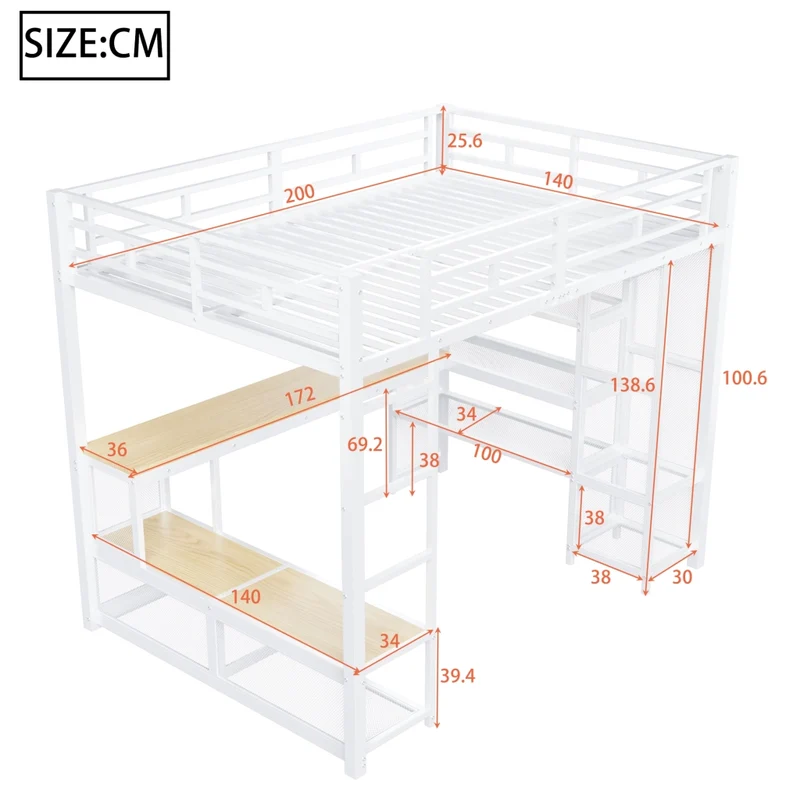 Letto a soppalco 140x200 in metallo con scrivania; armadio aperto; LED e USB; bianco