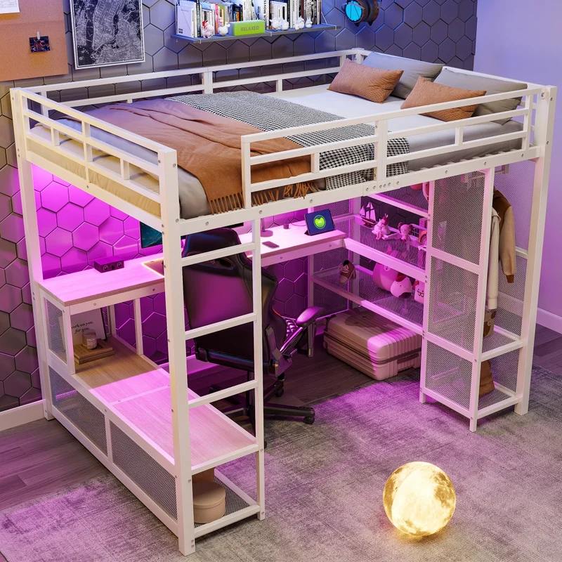 Letto a soppalco 140x200 in metallo con scrivania; armadio aperto; LED e USB; bianco