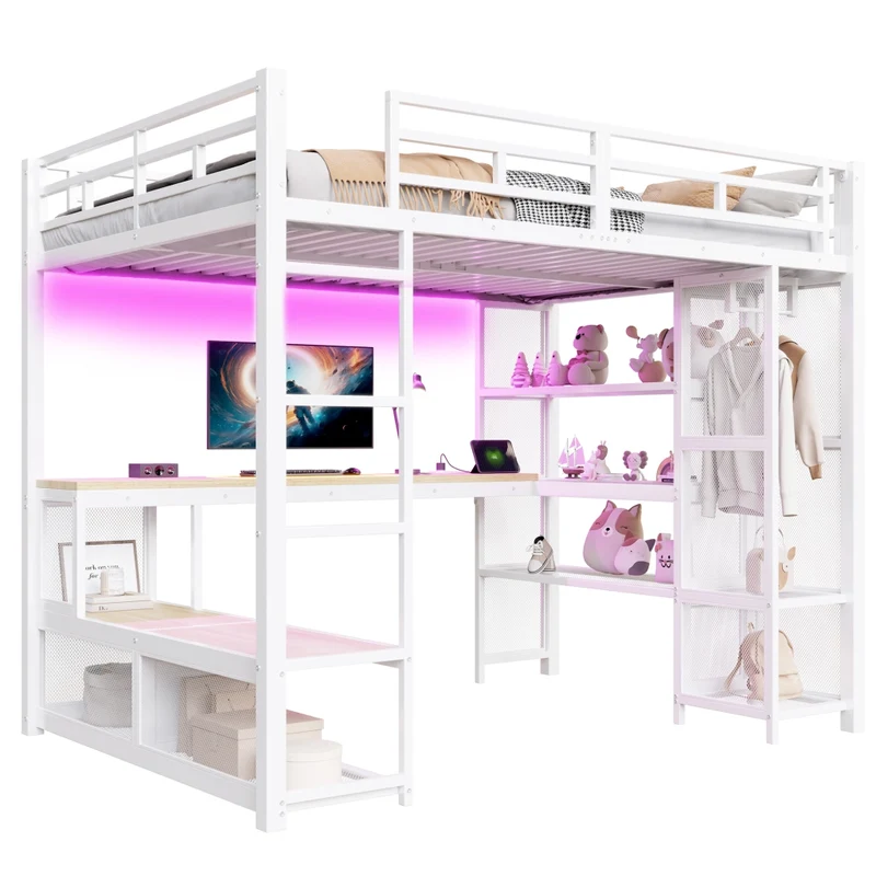 Letto a soppalco 140x200 in metallo con scrivania; armadio aperto; LED e USB; bianco