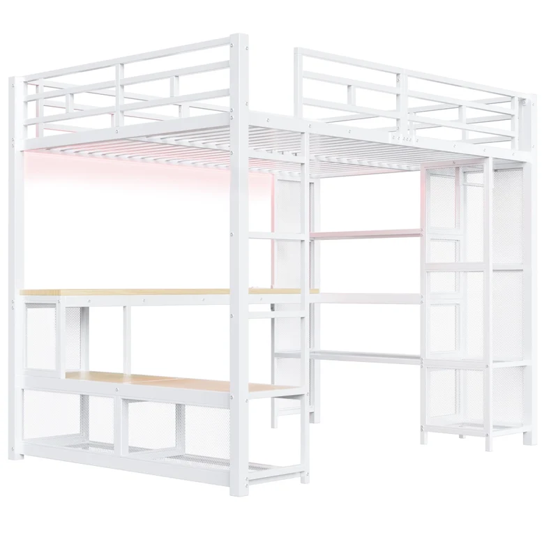 Letto a soppalco 140x200 in metallo con scrivania; armadio aperto; LED e USB; bianco