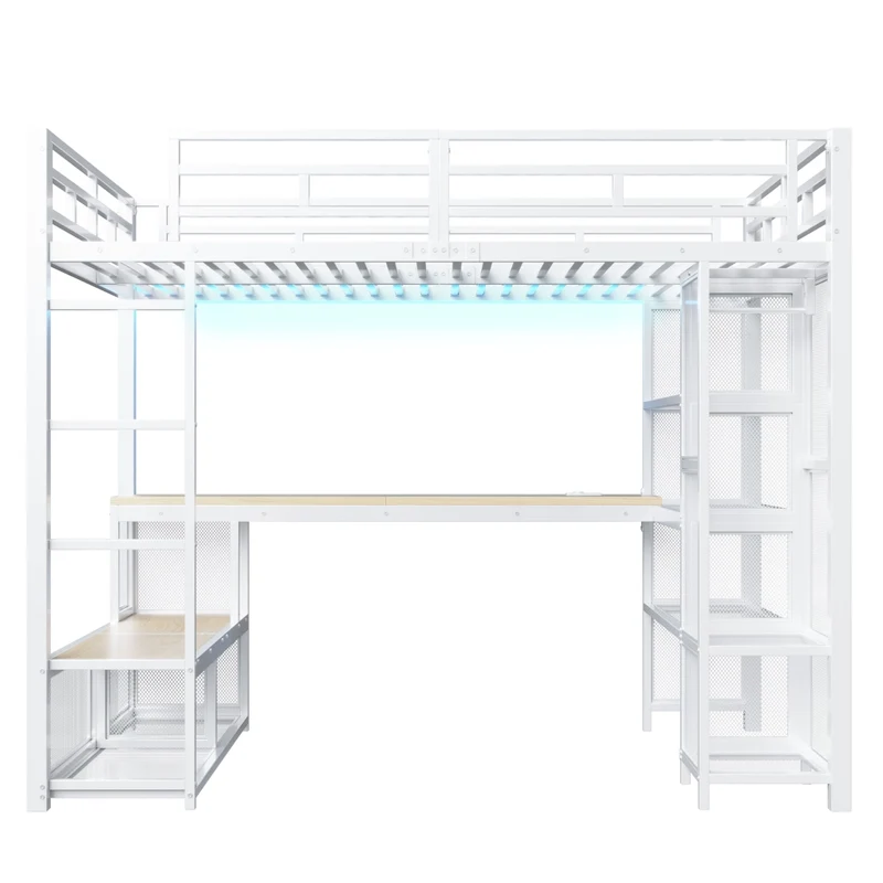 Letto a soppalco 140x200 in metallo con scrivania; armadio aperto; LED e USB; bianco