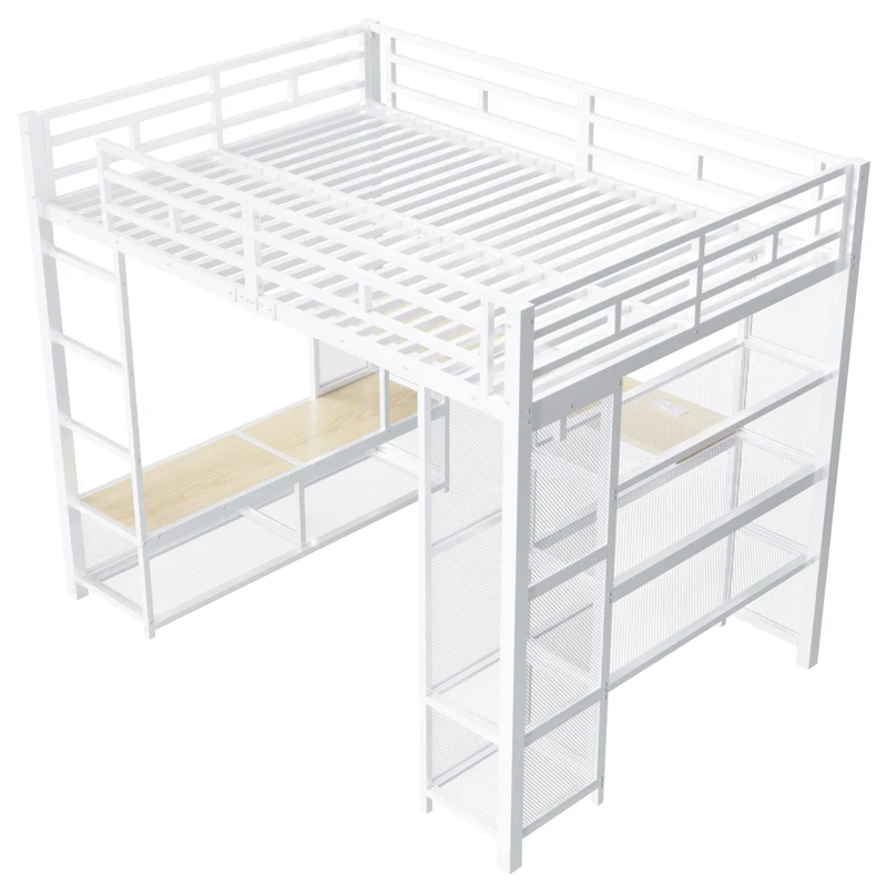Letto a soppalco 140x200 in metallo con scrivania; armadio aperto; LED e USB; bianco