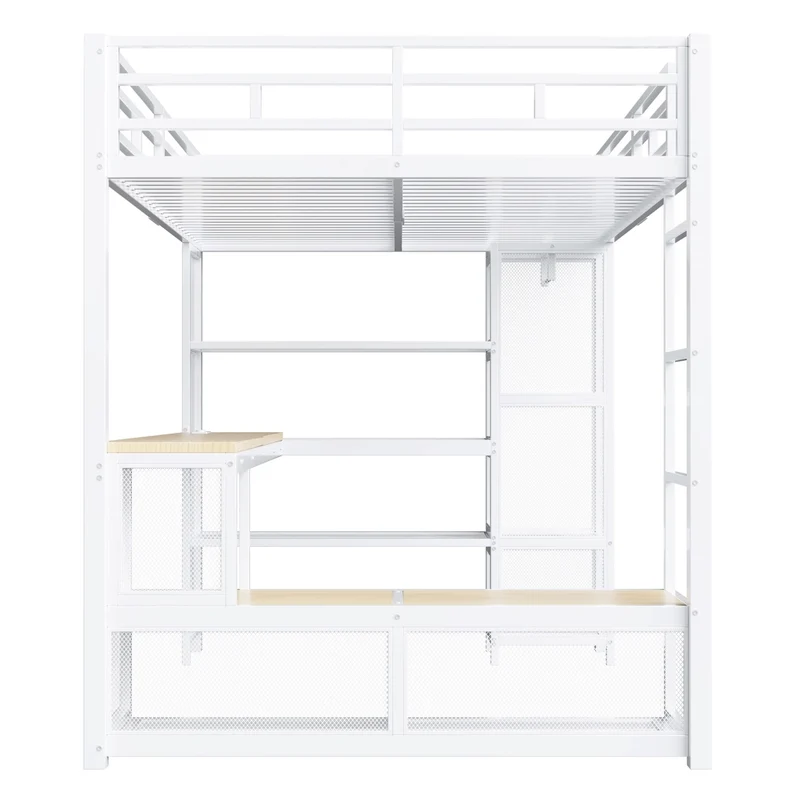 Letto a soppalco 140x200 in metallo con scrivania; armadio aperto; LED e USB; bianco