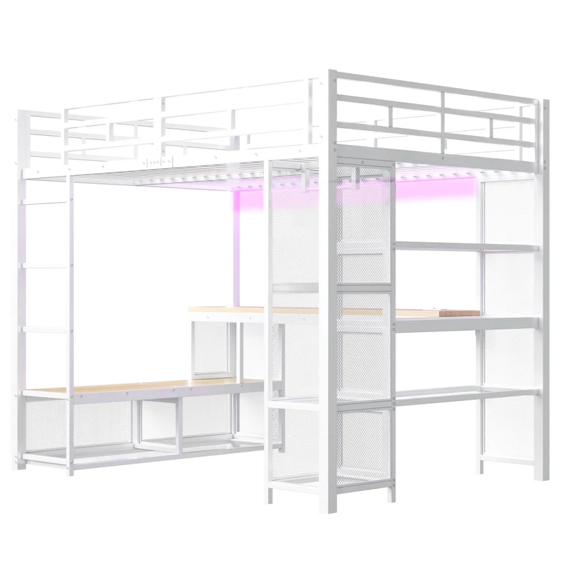 Letto a soppalco 140x200 in metallo con scrivania; armadio aperto; LED e USB; bianco